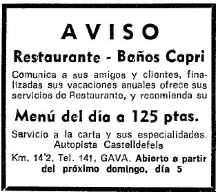 Anuncio del restaurante-balneario Capri de Gav Mar publicado en el diario La Vanguardia el 4 de Diciembre de 1971